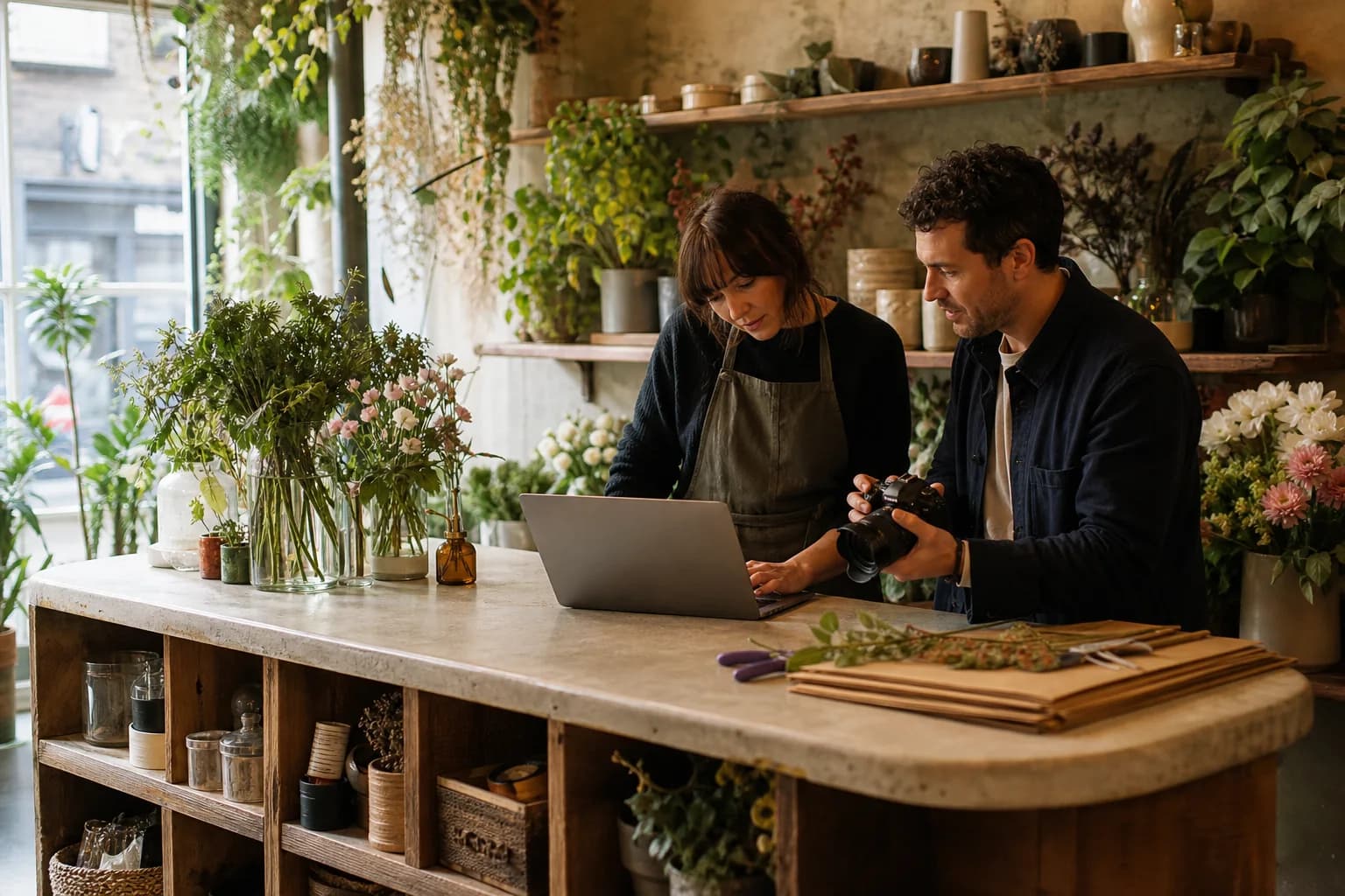 A local florist owner and digital consultant reviewing website photography together in the shop