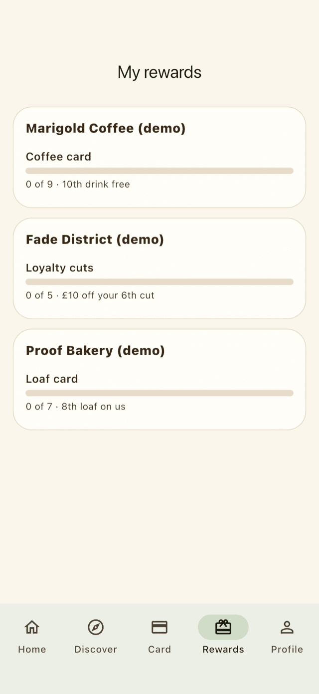 Coco Card rewards screen, tracking stamps earned and treats ready to redeem