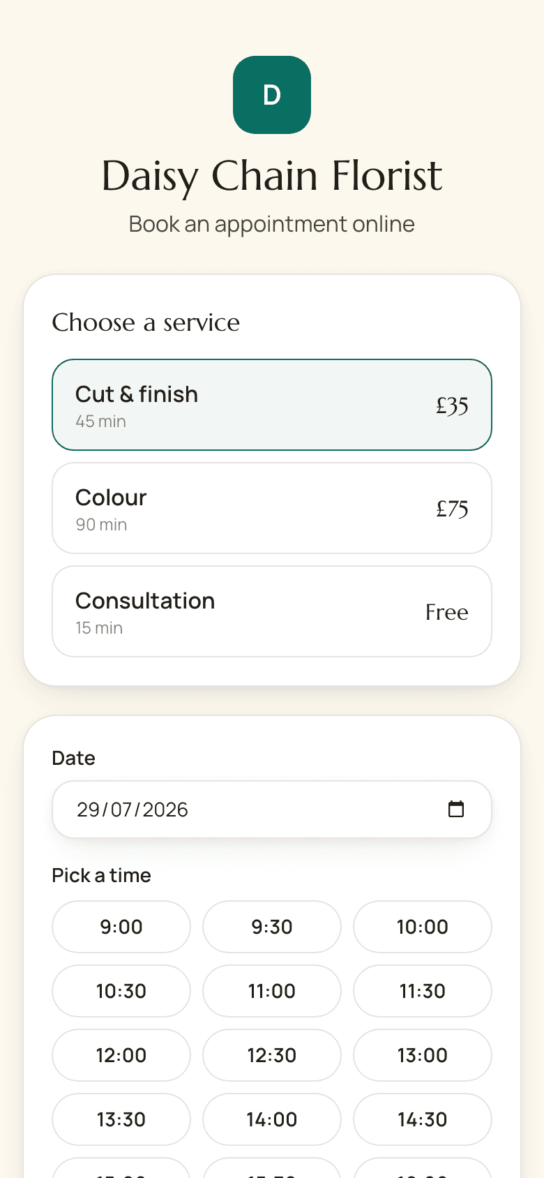 CocoBackoffice online booking page showing bookable time slots