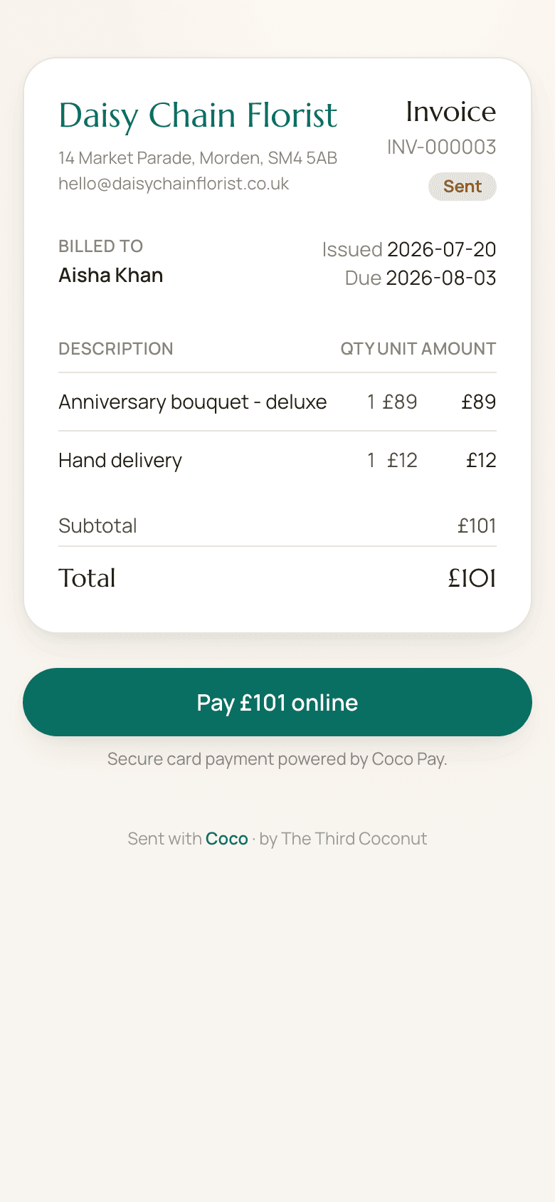 A branded CocoBackoffice invoice with an online Pay button