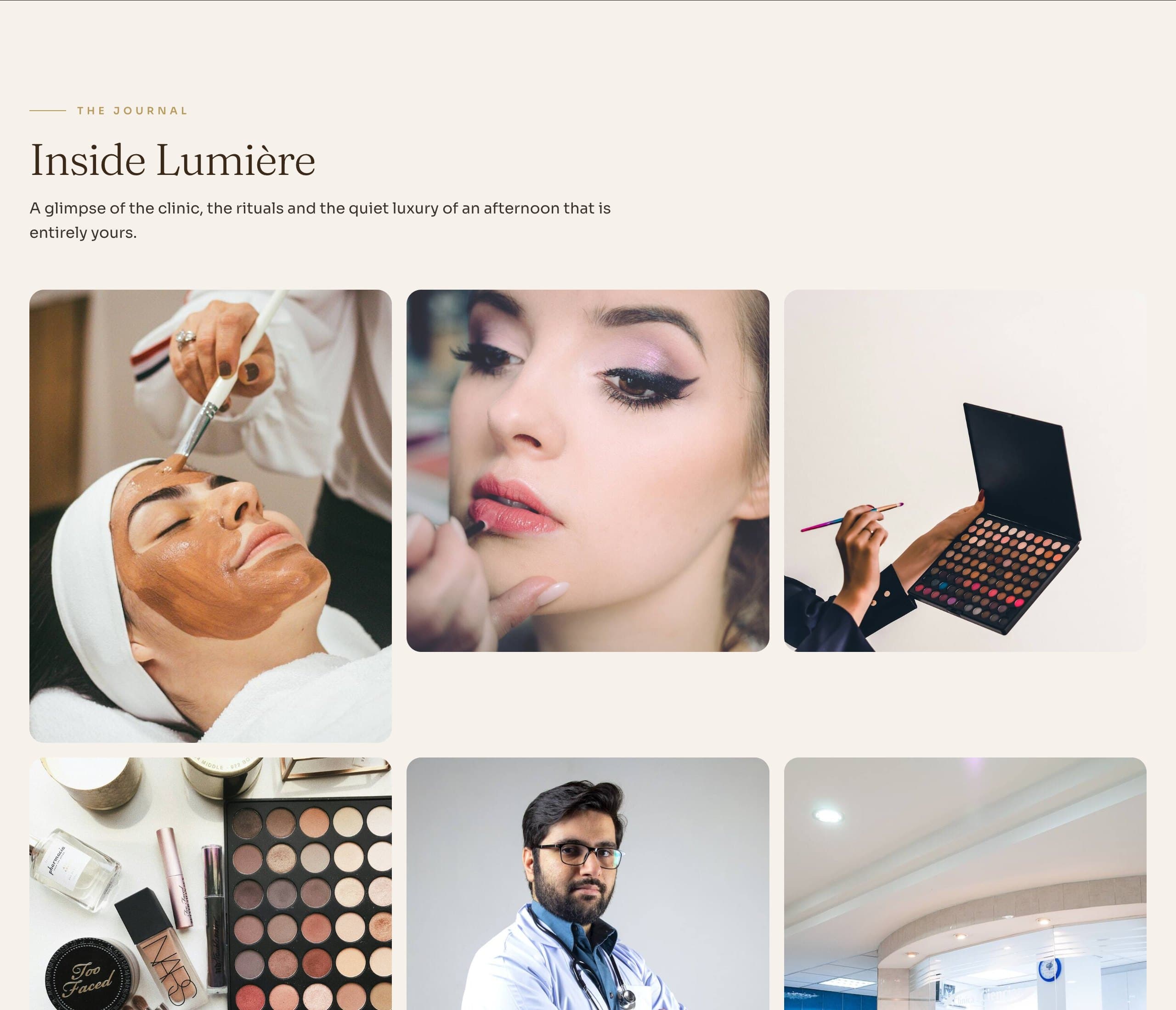 A treatment results gallery from the Lumière Aesthetics prototype