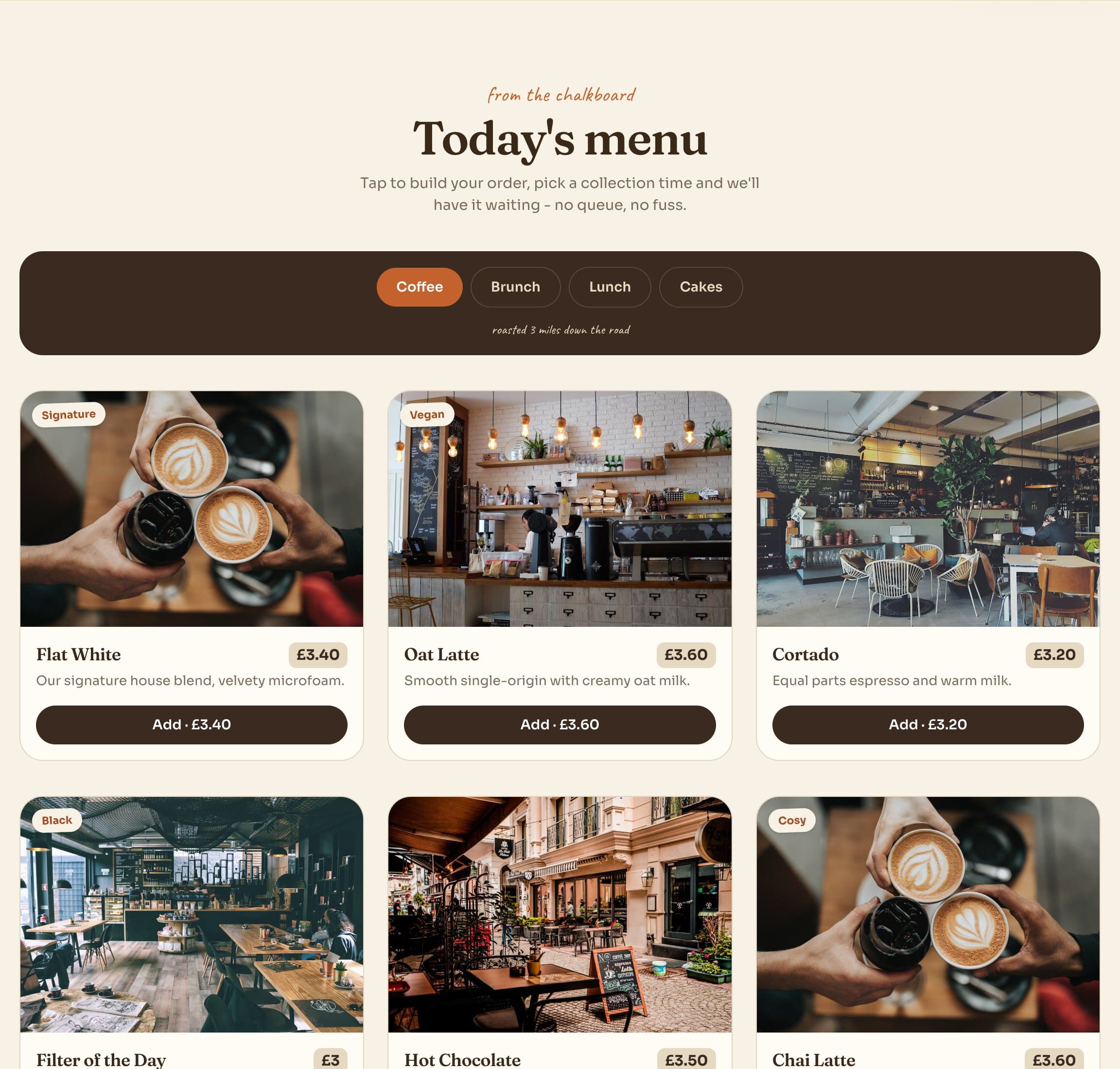 A working café menu with filters, prices and an add-to-basket control, from The Daily Grind prototype