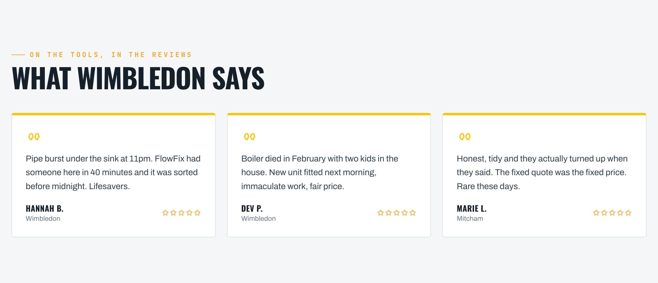 A customer review section with star ratings and locations, from the FlowFix Plumbing prototype