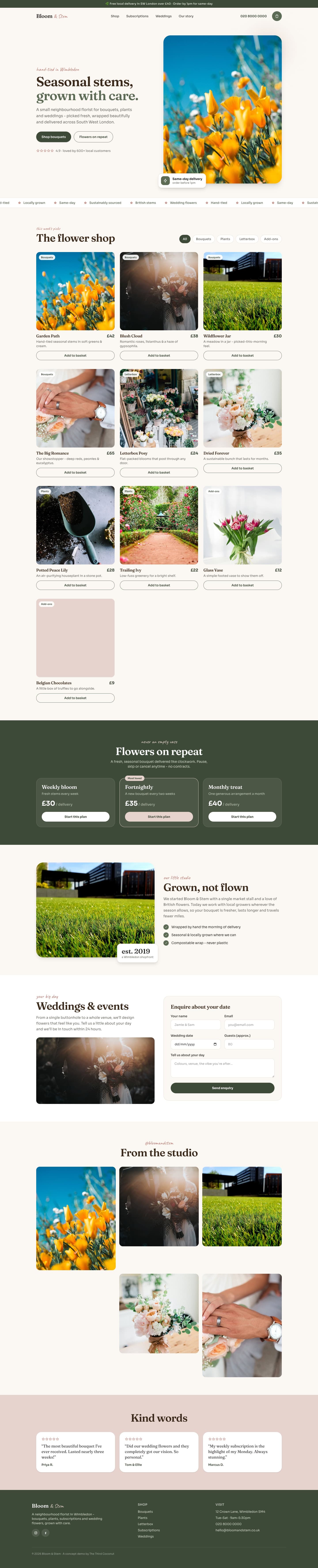 The full desktop homepage of the Bloom & Stem working prototype