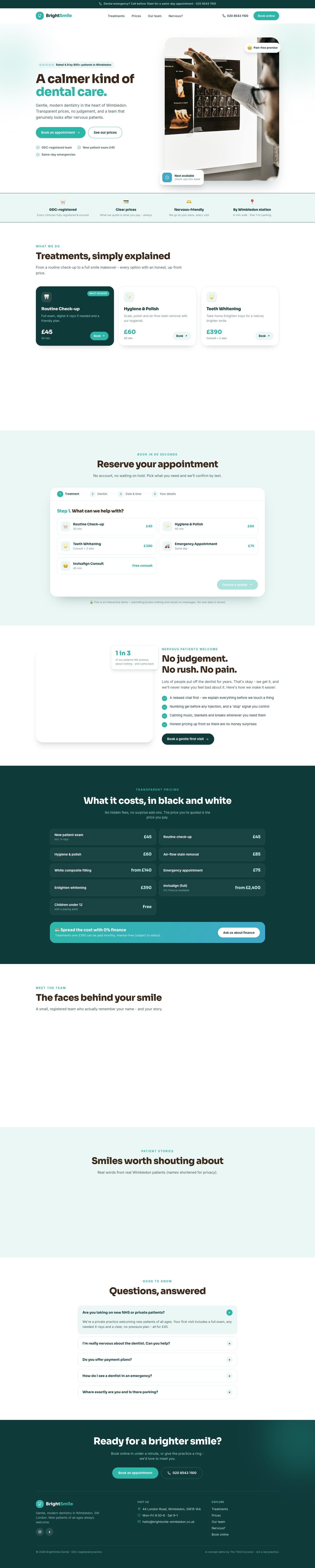 The full desktop homepage of the Bright Smile Dental working prototype