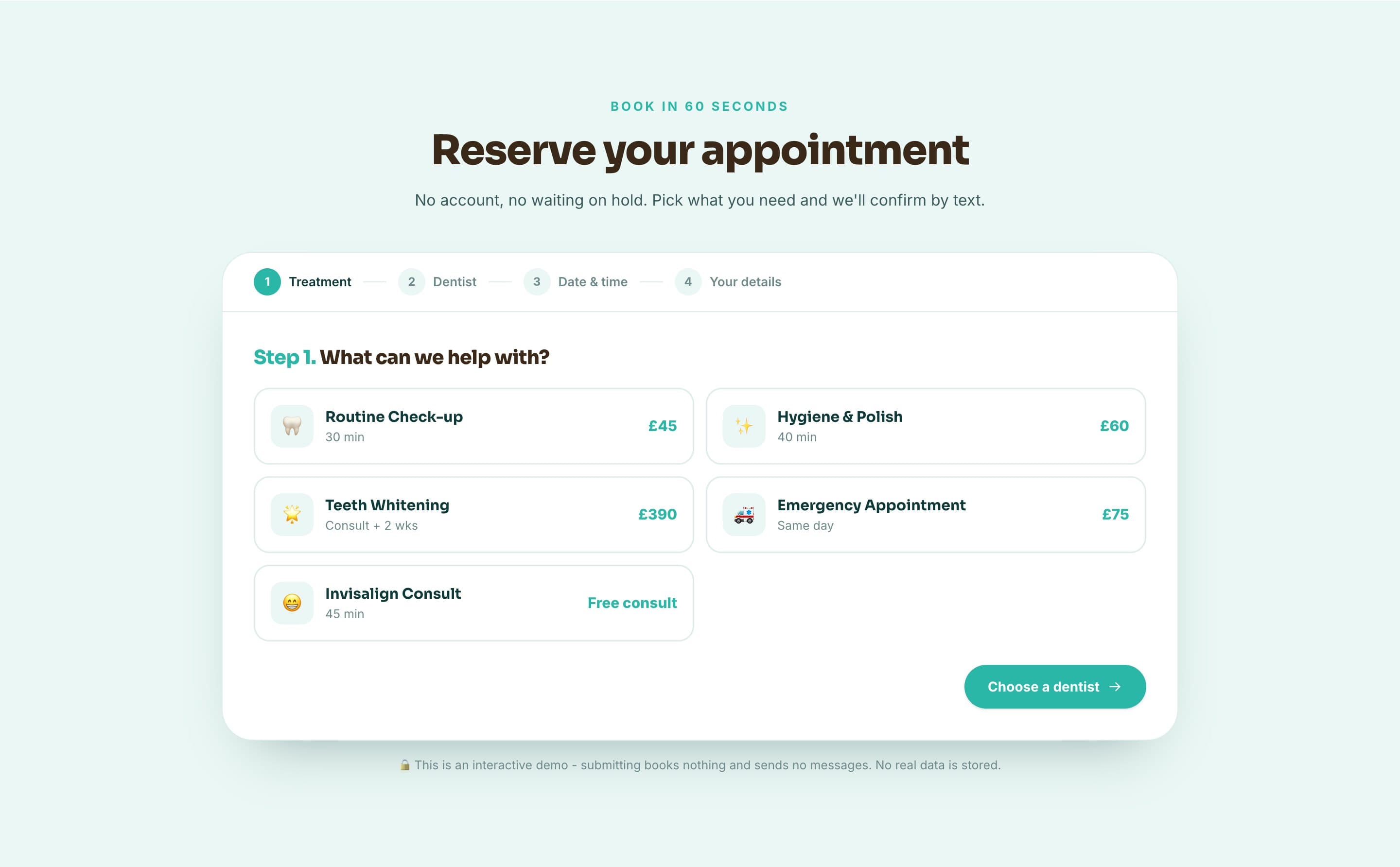 A close-up of the appointment booking flow in the Bright Smile Dental working prototype