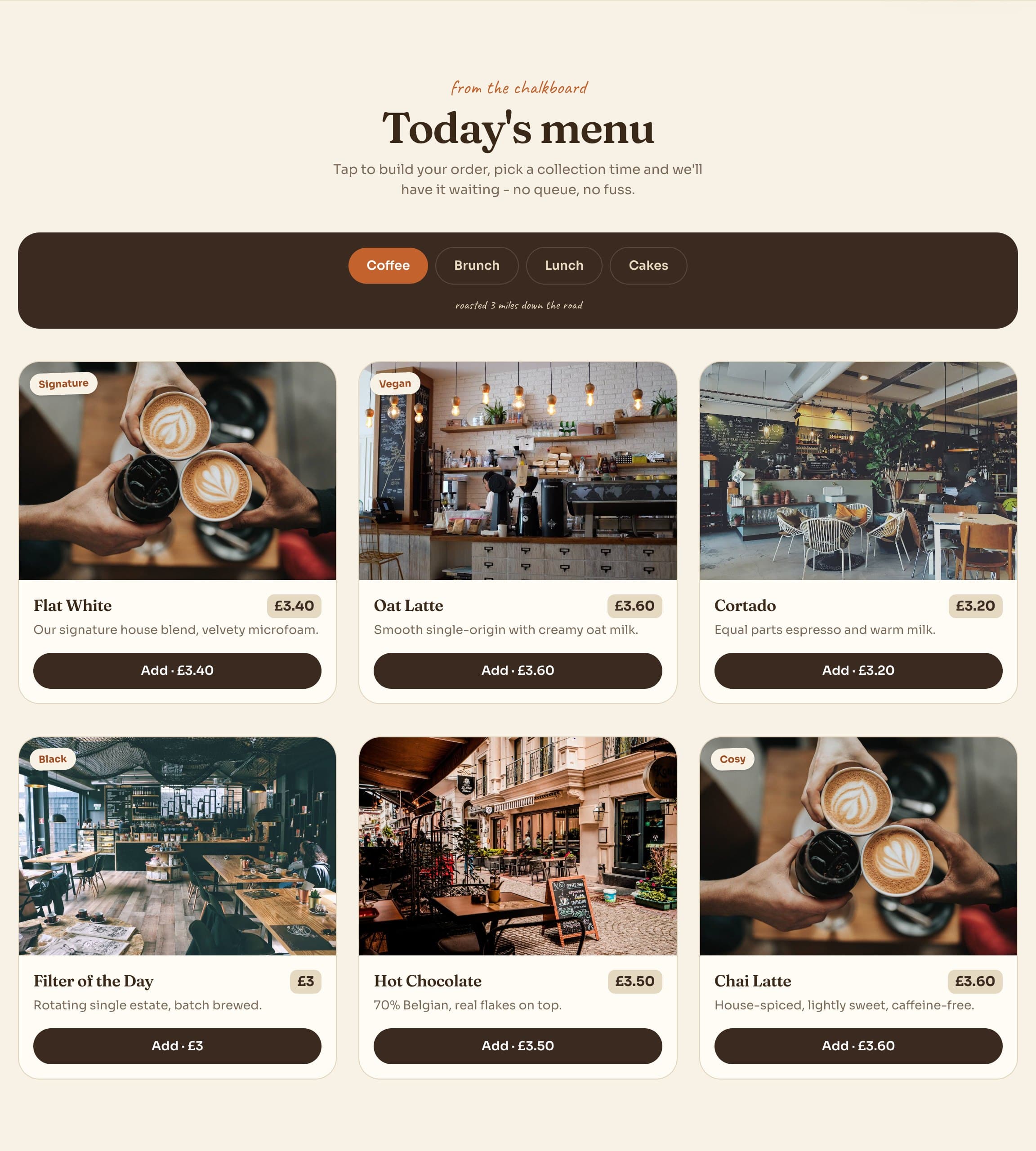 A close-up of the order-ahead menu, with a basket and collection times in the The Daily Grind working prototype