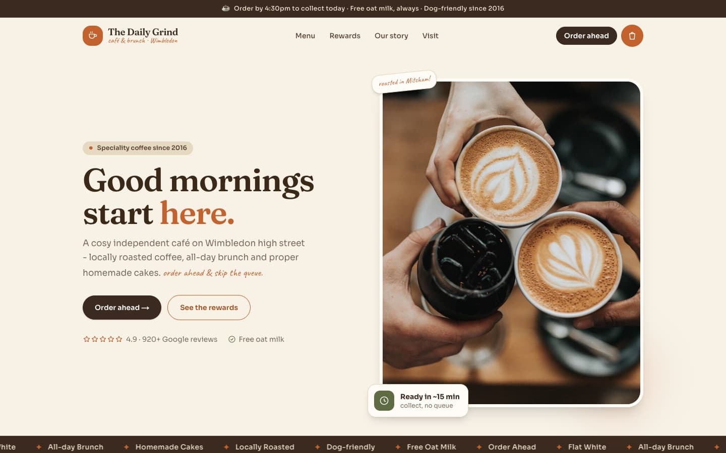 The homepage of the The Daily Grind working prototype, built by The Third Coconut