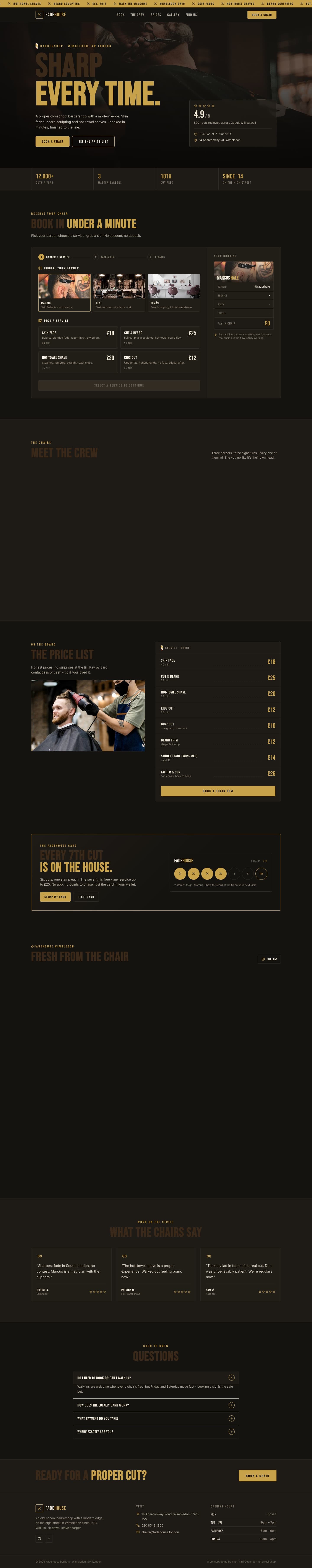 The full desktop homepage of the Fadehouse Barbers working prototype