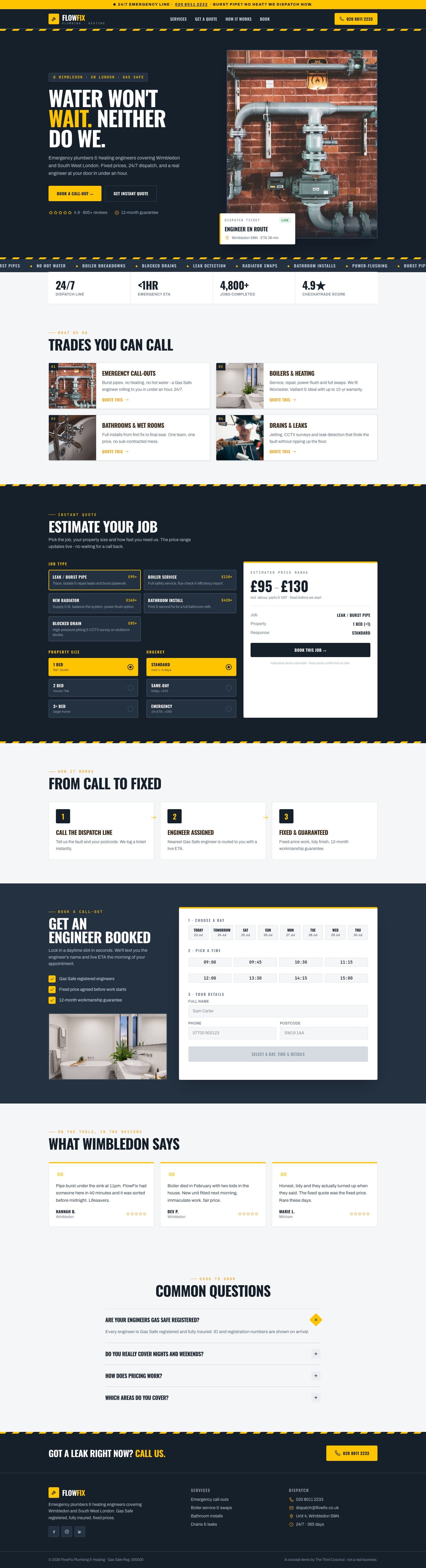 The full desktop homepage of the FlowFix Plumbing working prototype