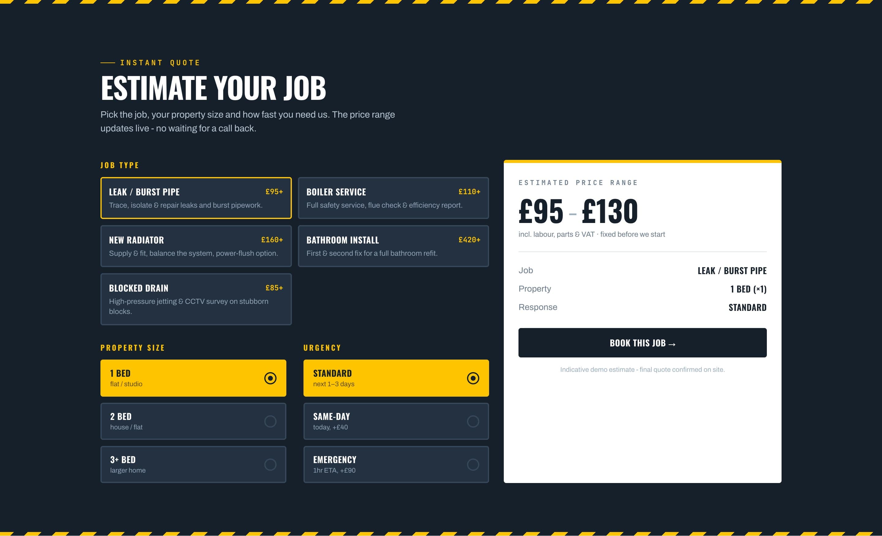 A close-up of the instant quote estimator, pricing a job live in the FlowFix Plumbing working prototype