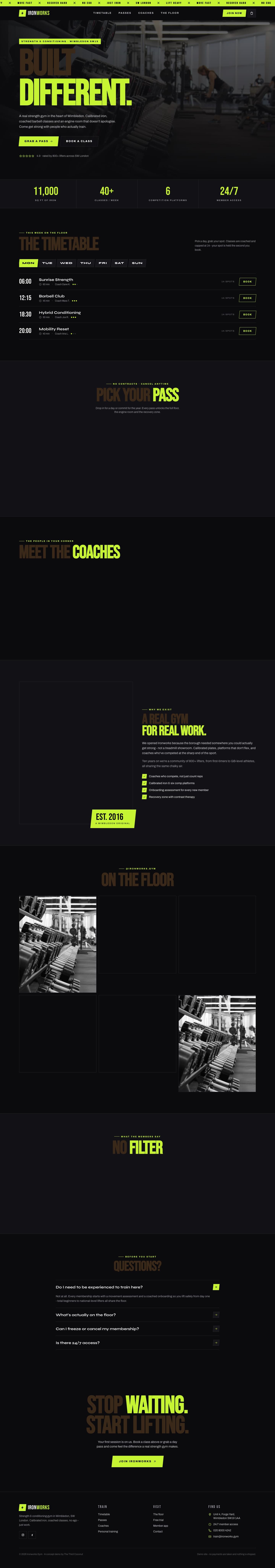 The full desktop homepage of the IronWorks Gym working prototype