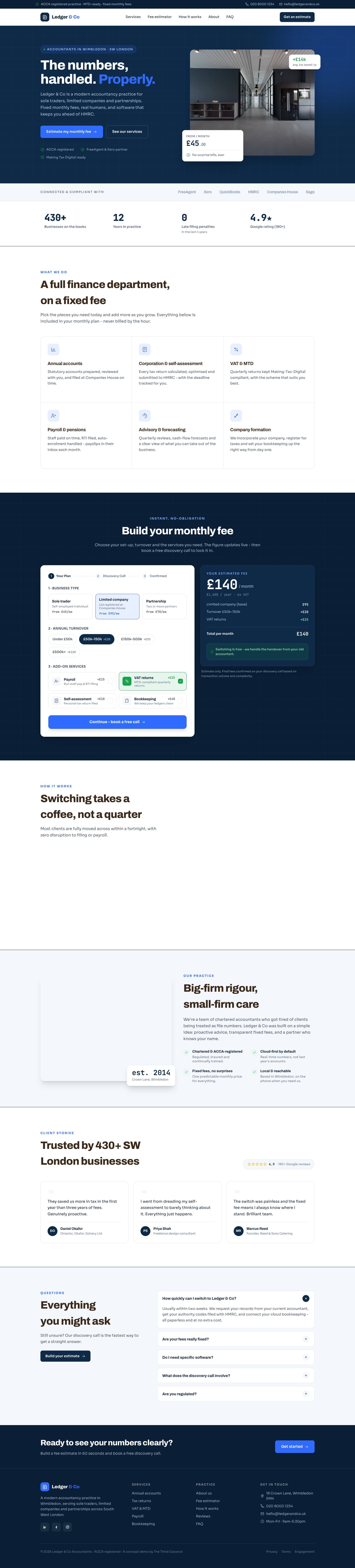 The full desktop homepage of the Ledger & Co working prototype