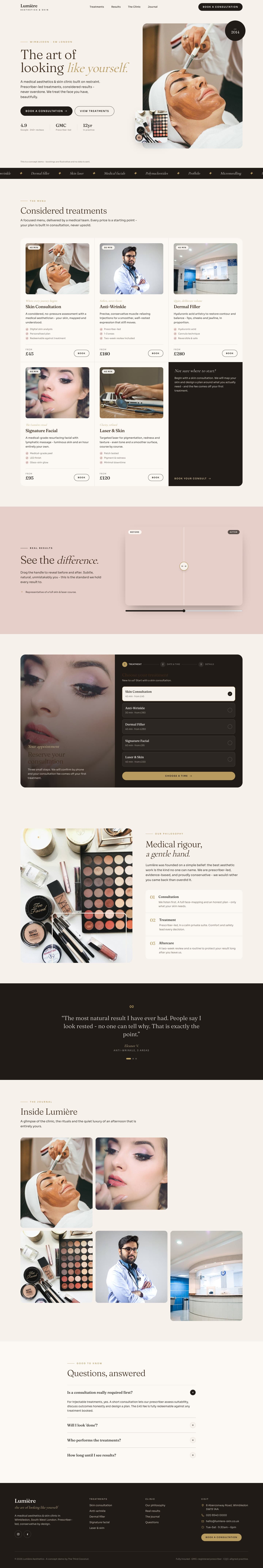 The full desktop homepage of the Lumière Aesthetics working prototype