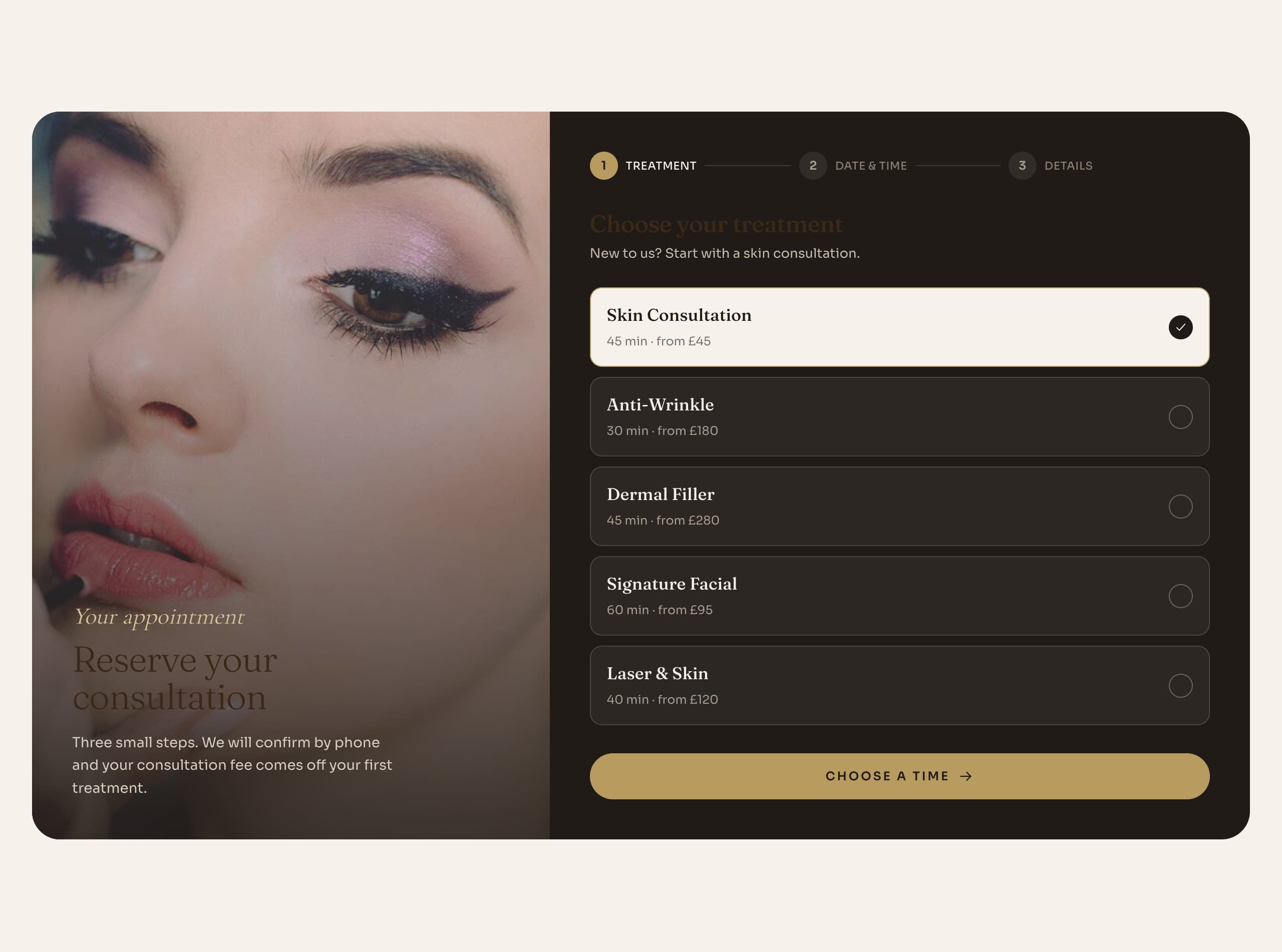 A close-up of the treatment booking flow in the Lumière Aesthetics working prototype