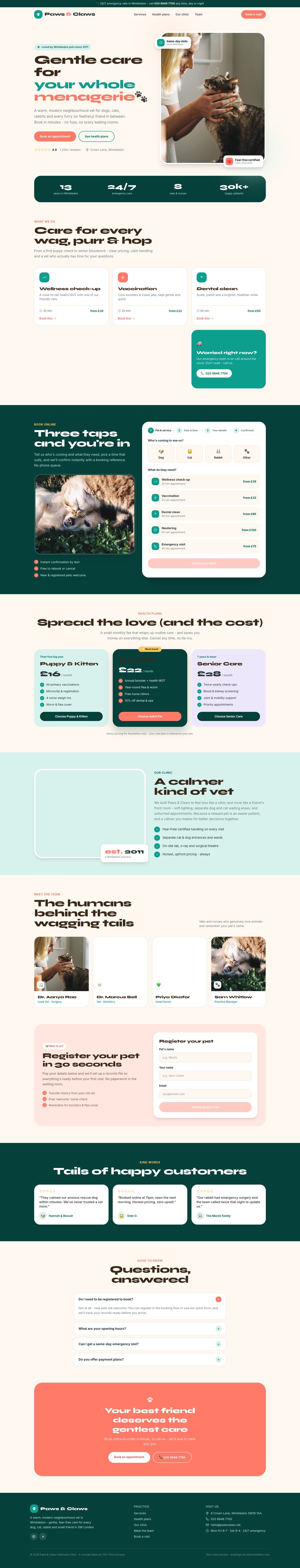 The full desktop homepage of the Paws & Claws working prototype