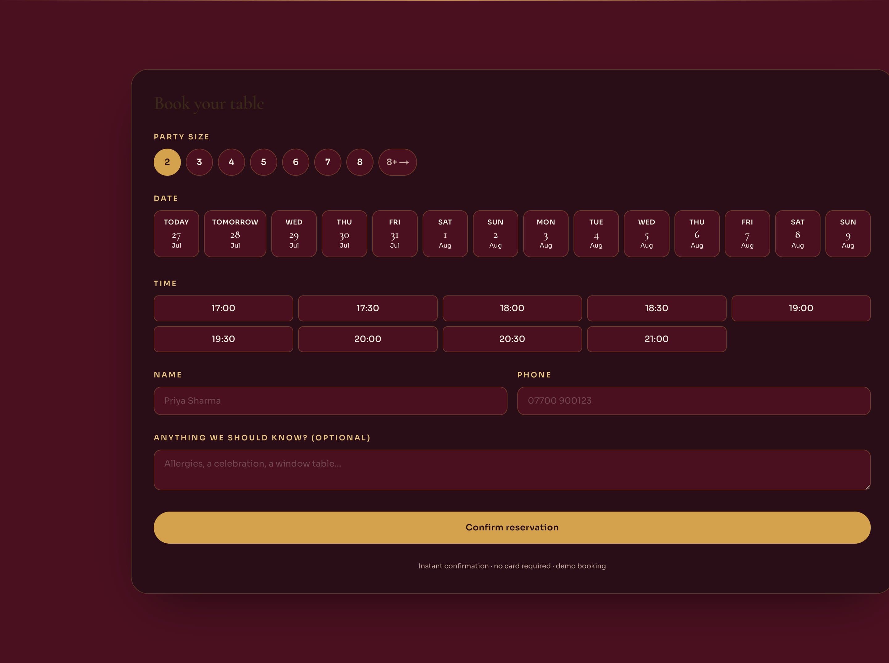 A close-up of the table reservation flow in the Saffron Table working prototype