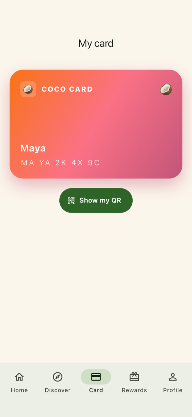 Coco Card app card screen with a live QR code