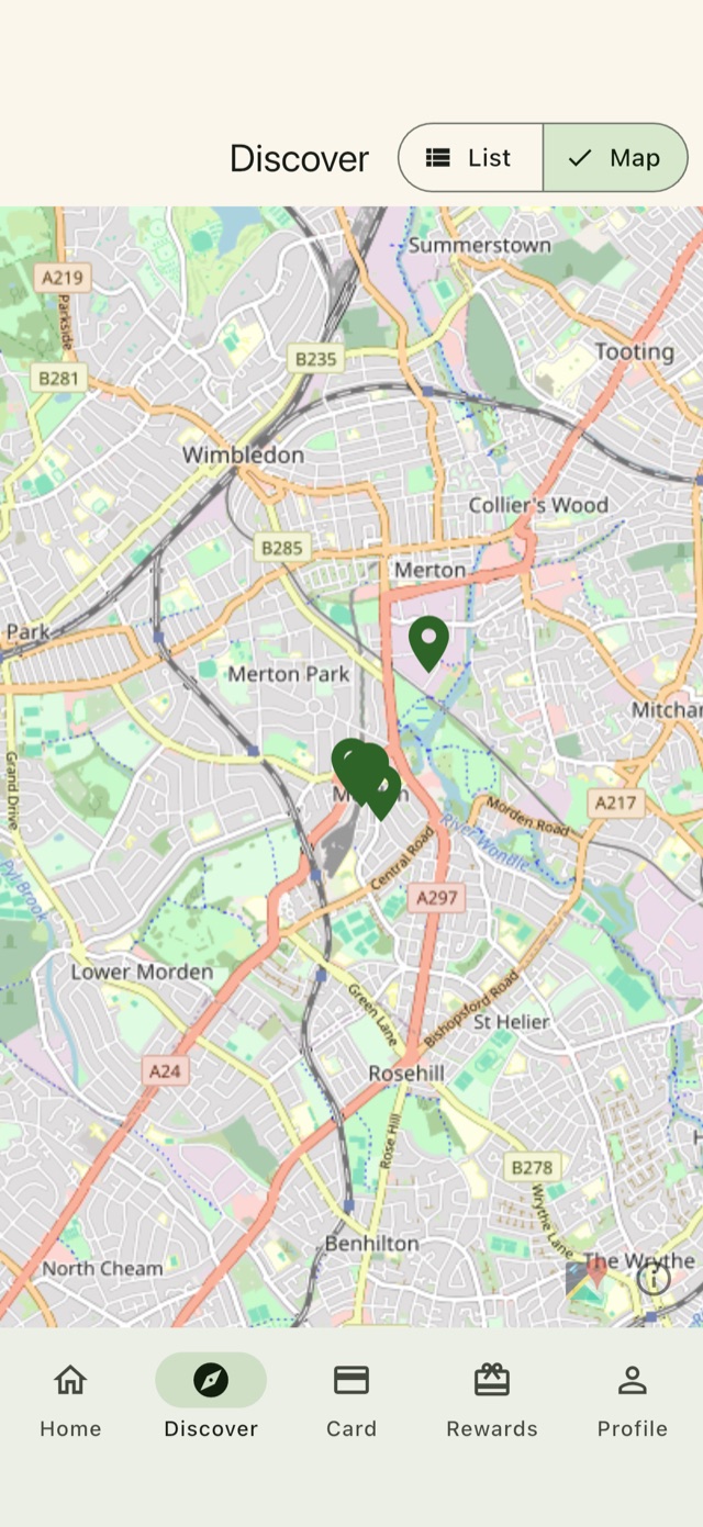 The Discover map showing local businesses