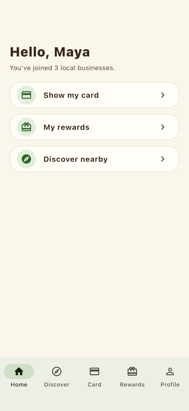 The Coco Card app home screen