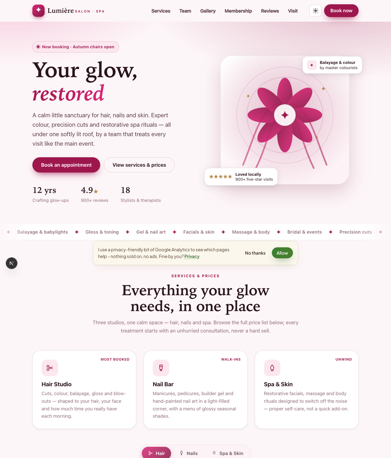 The Lumière hair salon & spa website template